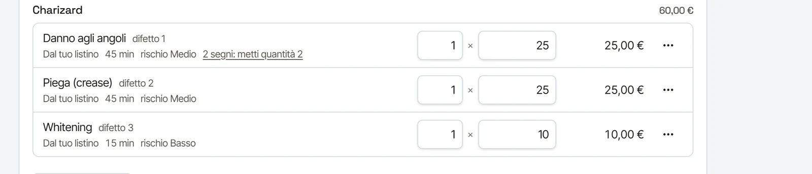 Les lignes d'un devis dans Registro : pour chaque défaut marqué une ligne avec quantité, prix unitaire et total, plus le temps et le risque