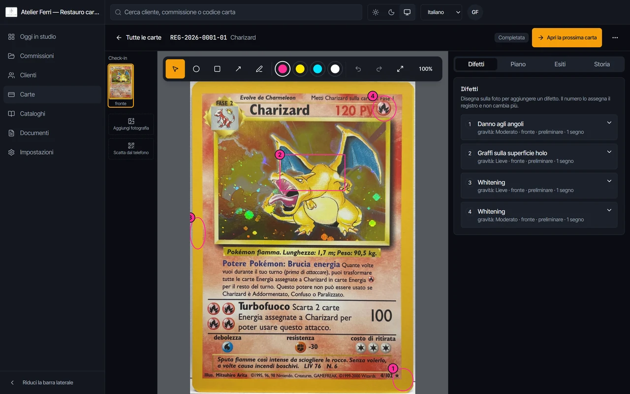 A card sheet in Registro, with defects marked on the photograph.