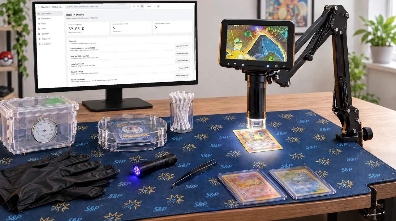 A restoration studio desk: the monitor shows the studio's day in Registro, a holo card waits on the mat.