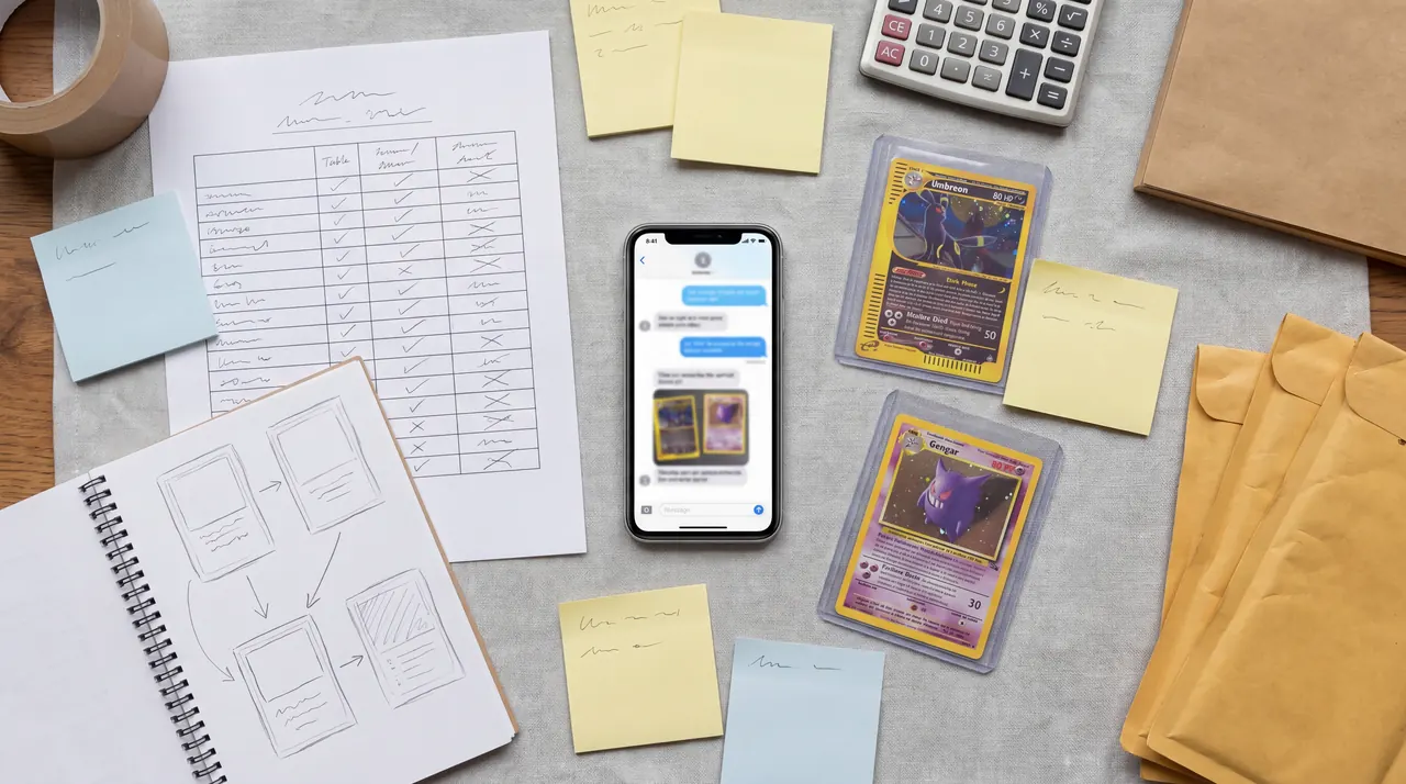 An end-of-day desk: pencilled tables, a phone full of chat photos, cards among the envelopes.